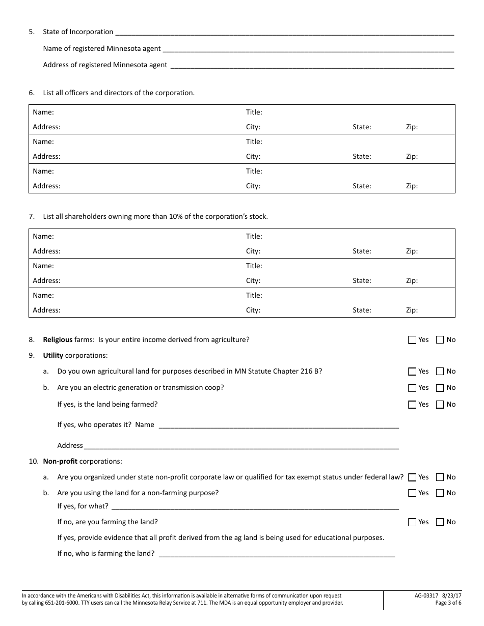 Form AG-03317 Minnesotas Corporate Farm Application - Corporation Application - Minnesota, Page 3