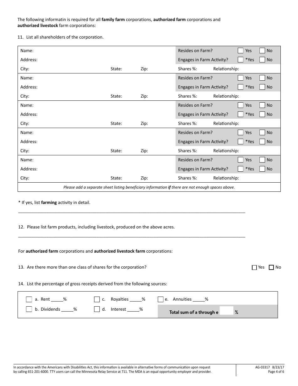 Form AG-03317 Minnesotas Corporate Farm Application - Corporation Application - Minnesota, Page 4