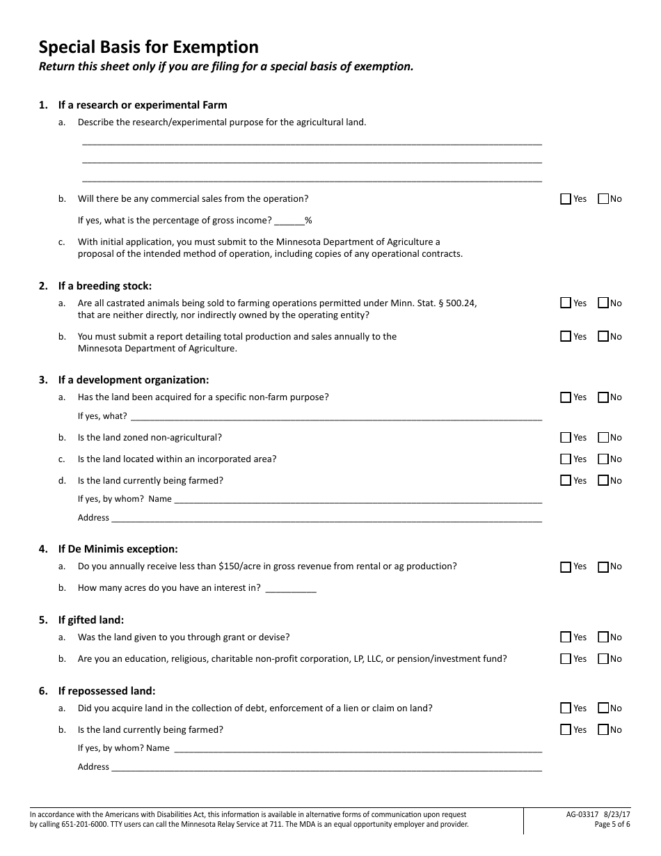 Form AG-03317 Minnesotas Corporate Farm Application - Corporation Application - Minnesota, Page 5