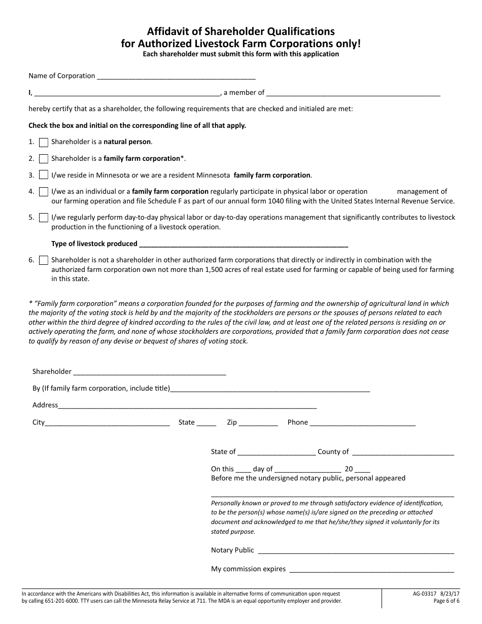 Form AG-03317 Minnesotas Corporate Farm Application - Corporation Application - Minnesota, Page 6