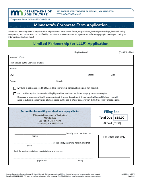 Form AG-03315 Minnesota's Corporate Farm Application - Limited Partnership (Or Lllp) Application - Michigan