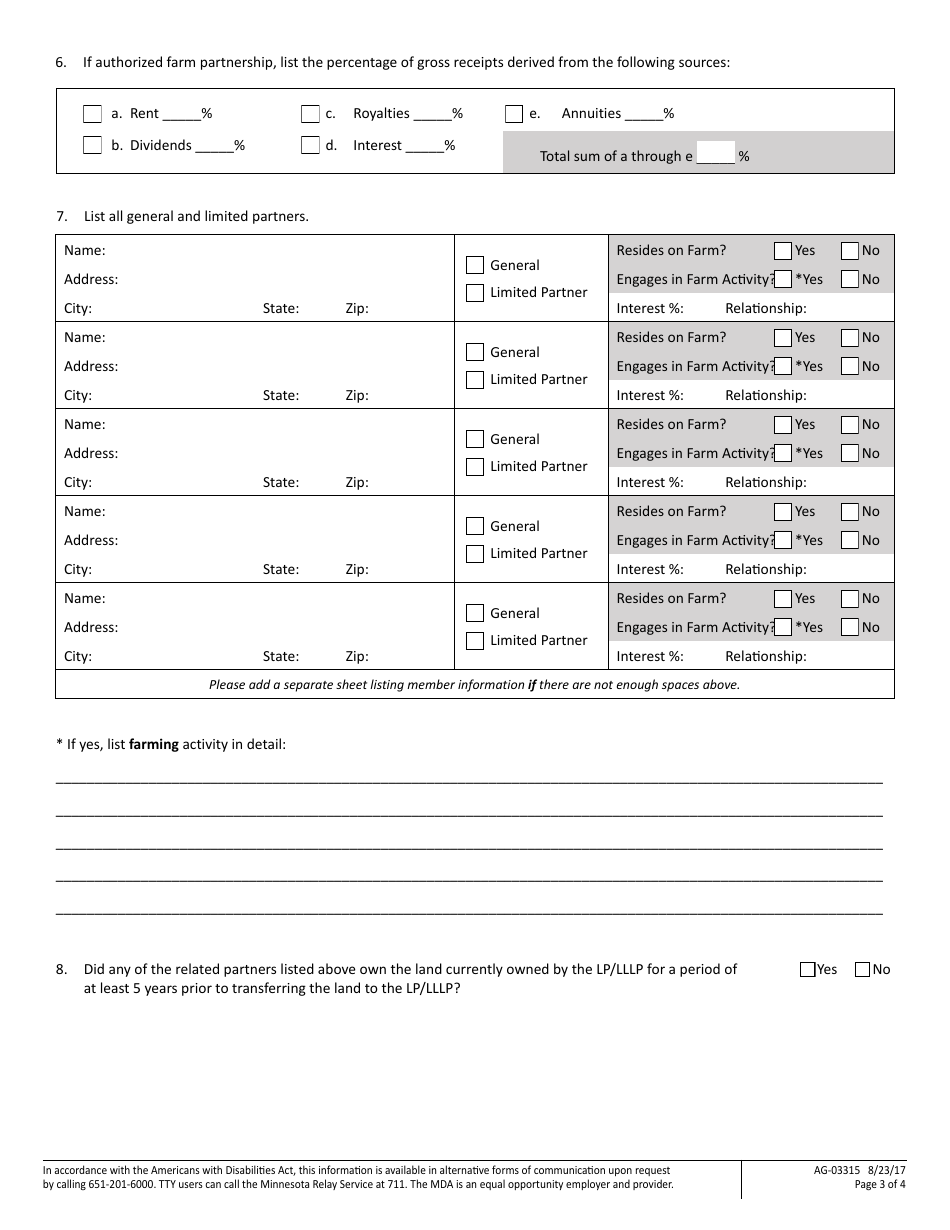 Form AG-03315 Minnesotas Corporate Farm Application - Limited Partnership (Or Lllp) Application - Michigan, Page 3