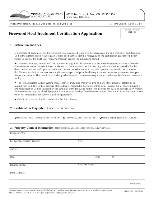 Form AG-03196 Firewood Heat Treatment Certification Application - Minnesota