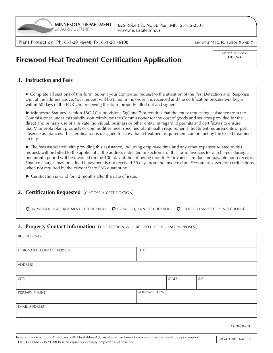 Form AG-03196 Firewood Heat Treatment Certification Application - Minnesota, Page 1