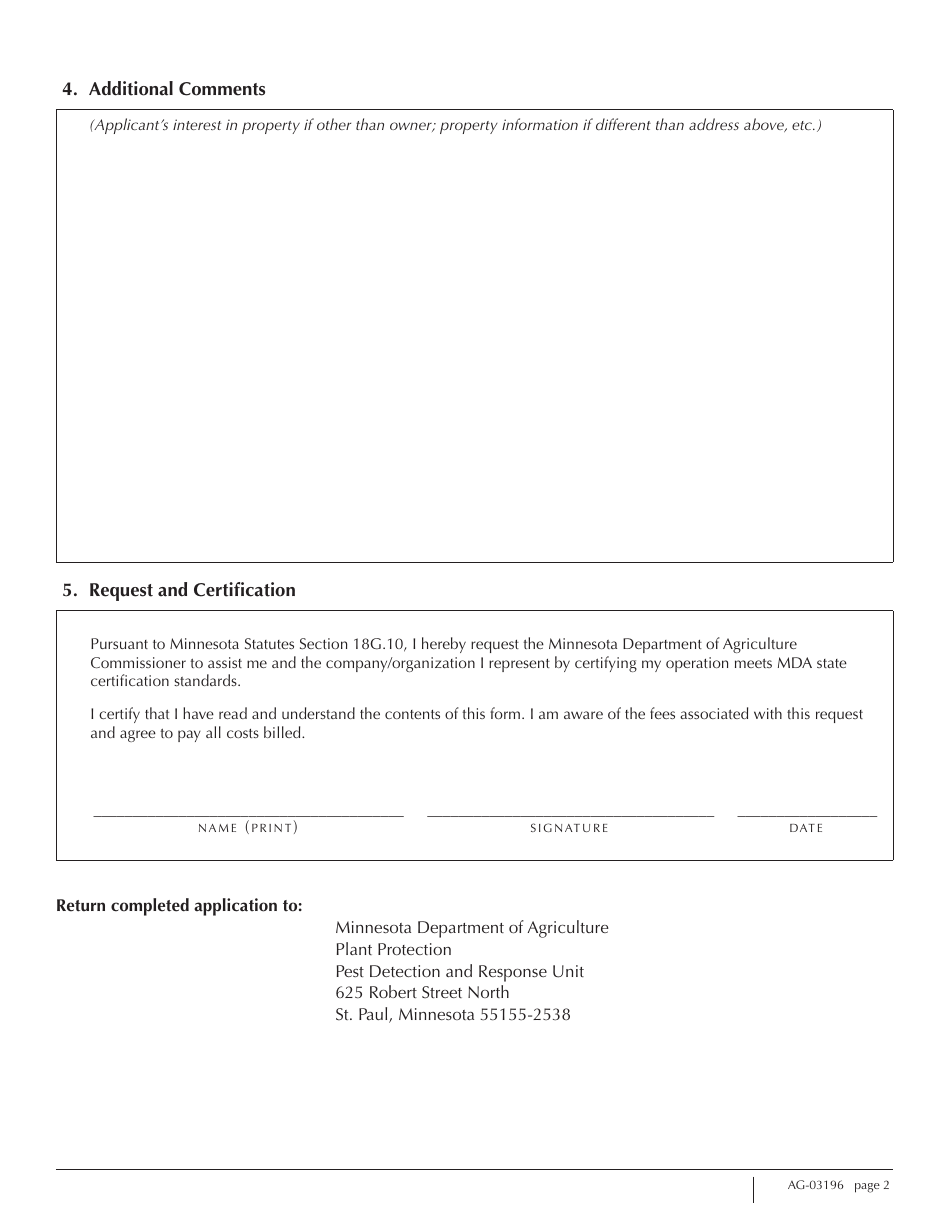 Form AG-03196 Firewood Heat Treatment Certification Application - Minnesota, Page 2