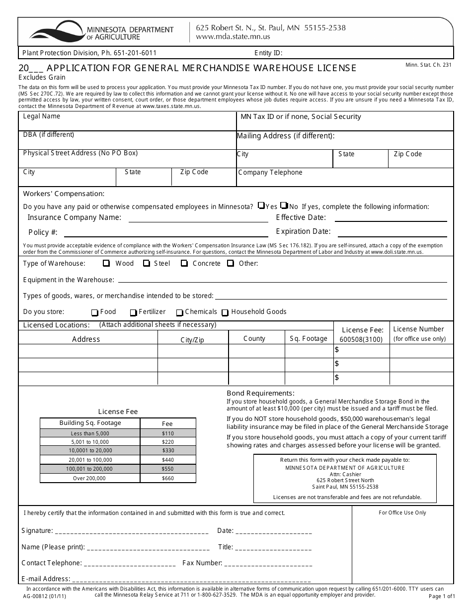 Form AG-00812 Application for General Merchandise Warehouse License - Minnesota, Page 1