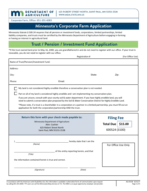 Form AG-03318 Minnesota's Corporate Farm Application - Trust / Pension / Investment Fund Application - Minnesota