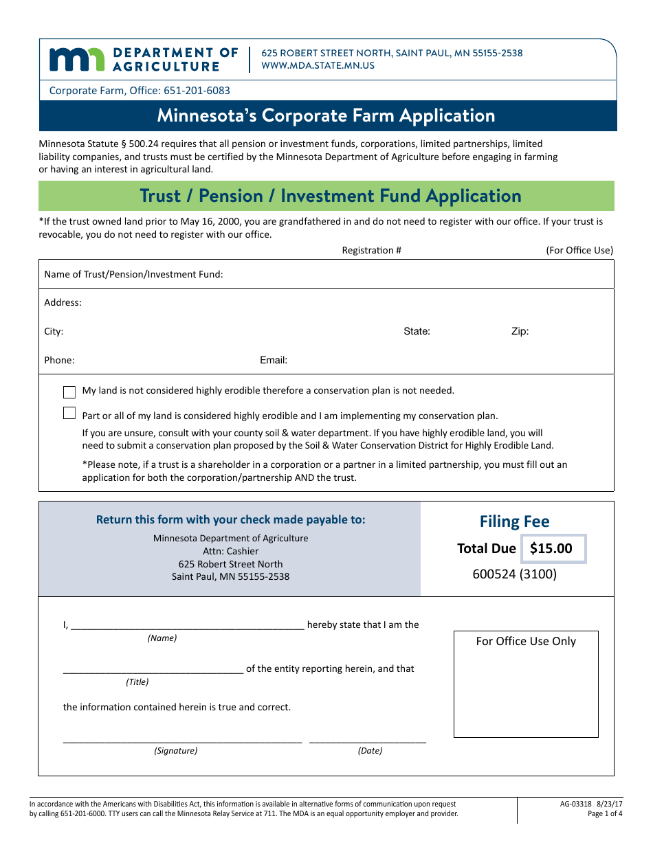 Form AG-03318 Minnesotas Corporate Farm Application - Trust / Pension / Investment Fund Application - Minnesota, Page 1