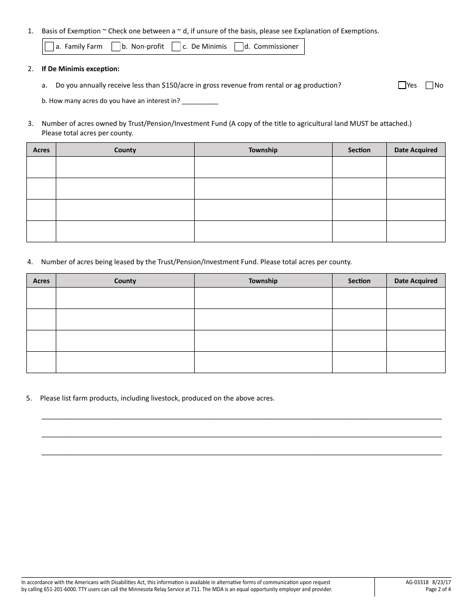 Form AG-03318 Minnesotas Corporate Farm Application - Trust / Pension / Investment Fund Application - Minnesota, Page 2