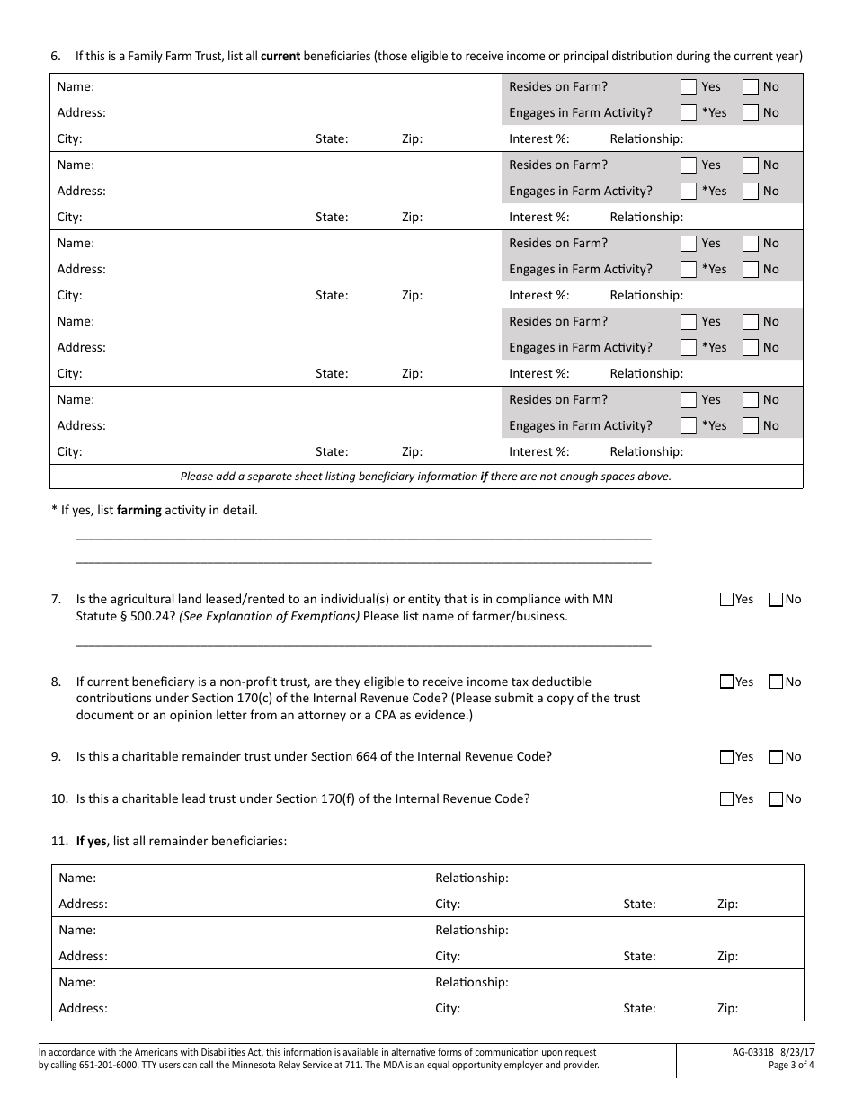Form AG-03318 Minnesotas Corporate Farm Application - Trust / Pension / Investment Fund Application - Minnesota, Page 3