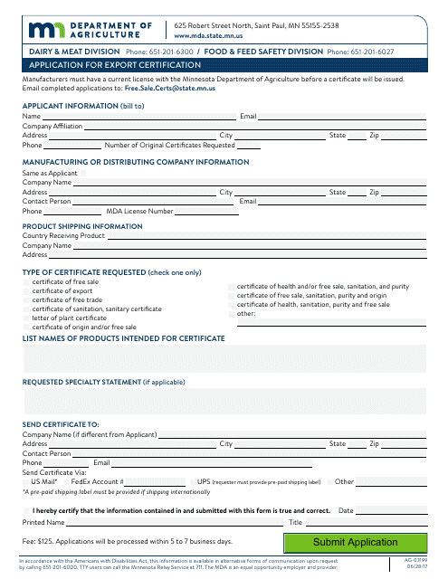 Form AG-03199 Application for Export Certification - Minnesota