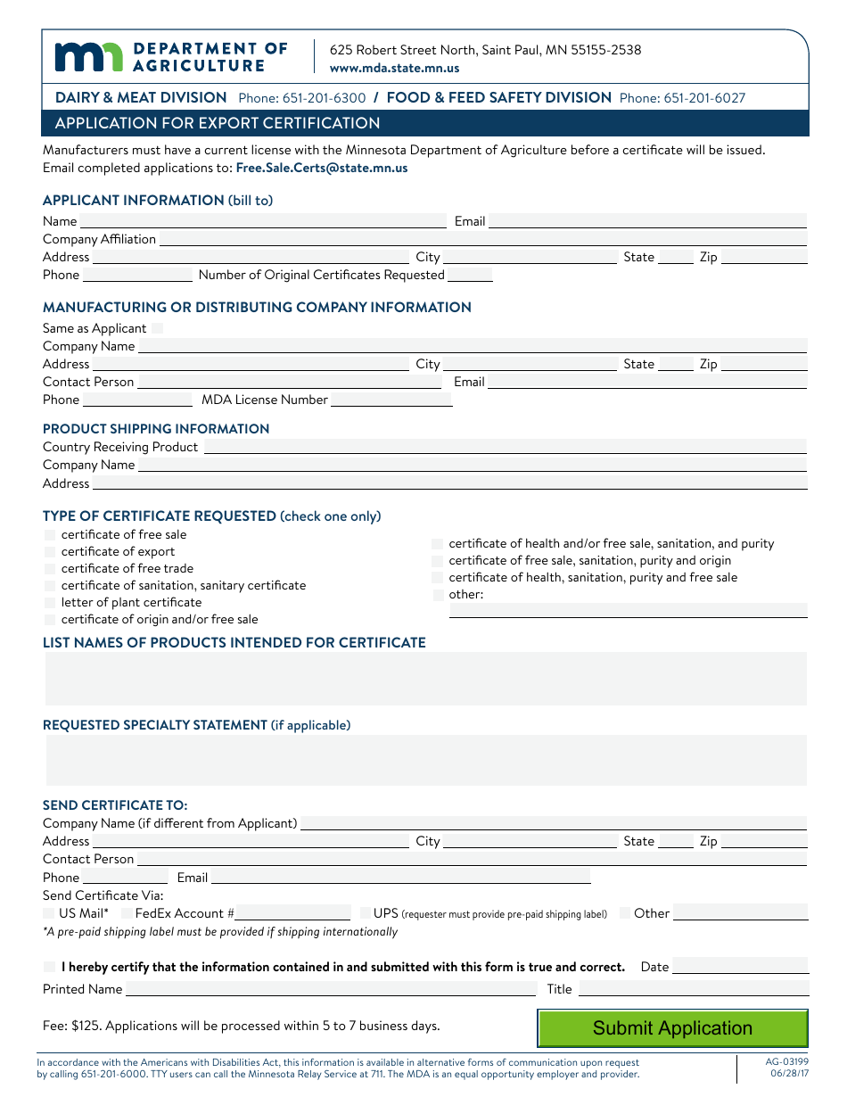 Form AG-03199 Application for Export Certification - Minnesota, Page 1