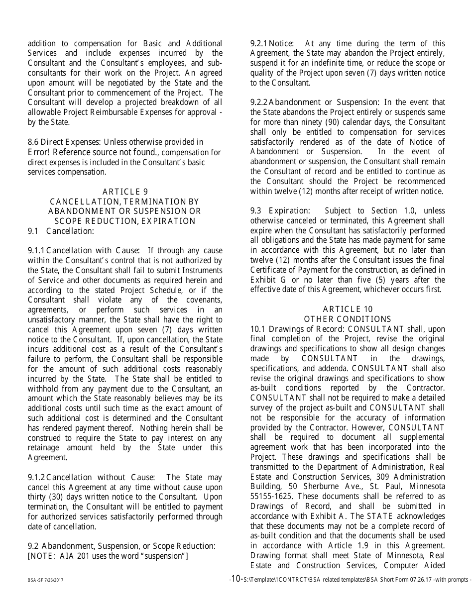 Form BSA-SF Basic Services Agreement - Short Form - Minnesota, Page 10