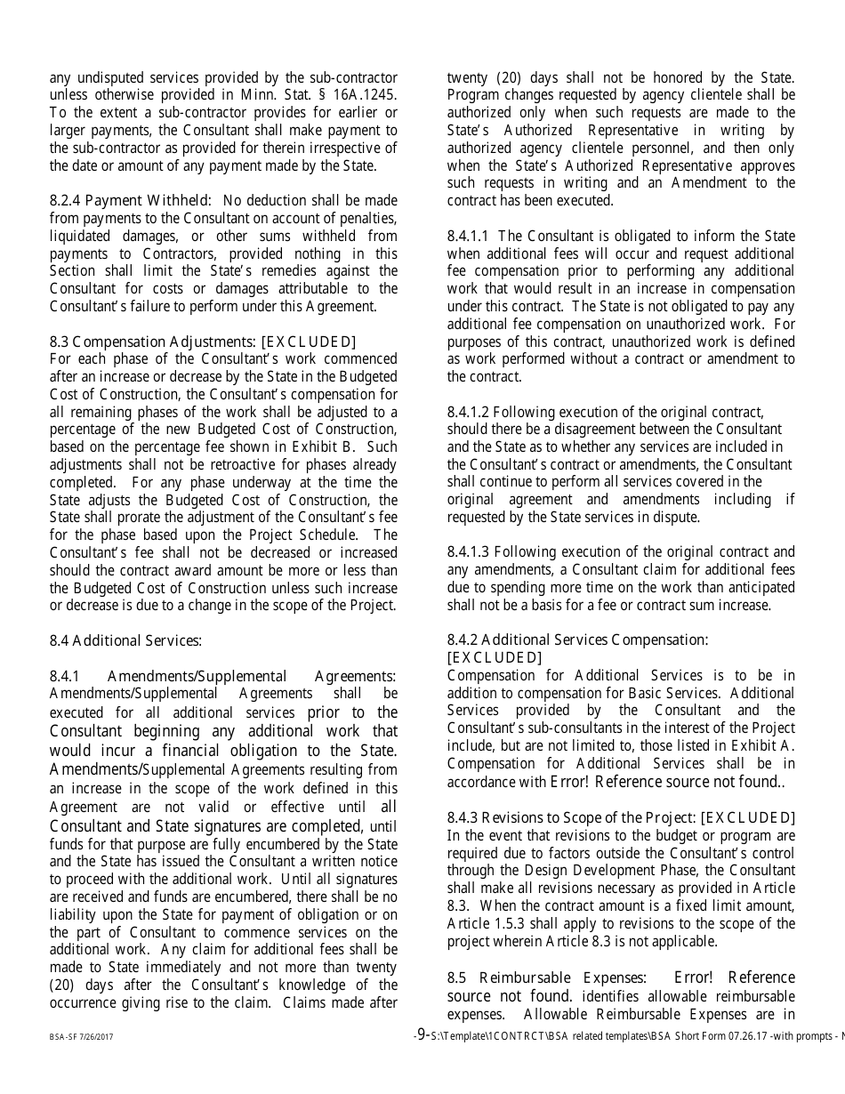 Form BSA-SF Basic Services Agreement - Short Form - Minnesota, Page 9