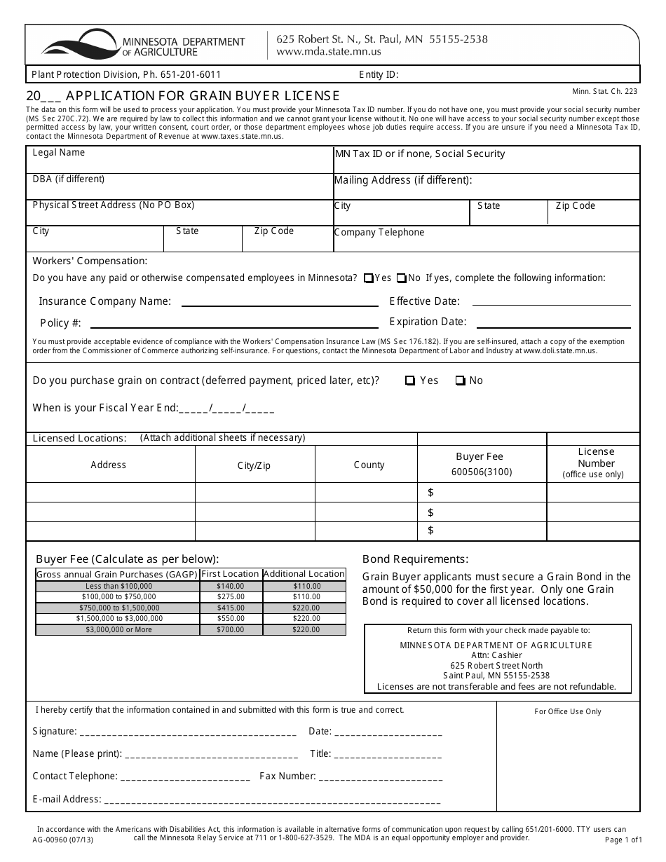 Form AG-00960 Application for Grain Buyer License - Minnesota, Page 1