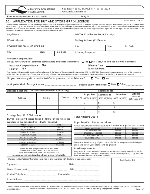 Form AG-00883 Application for Buy and Store Grain License - Minnesota