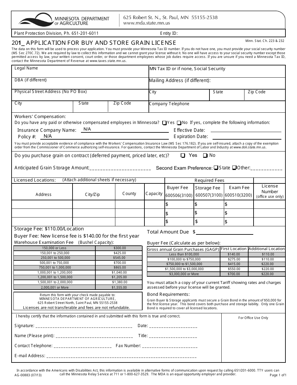 Form AG-00883 Application for Buy and Store Grain License - Minnesota, Page 1