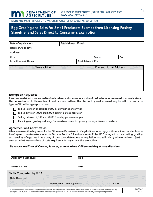 Form AG-02433 Egg Grading and Sales for Small Producers Exempt From Licensing Poultry Slaughter and Sales Direct to Consumers Exemption - Minnesota