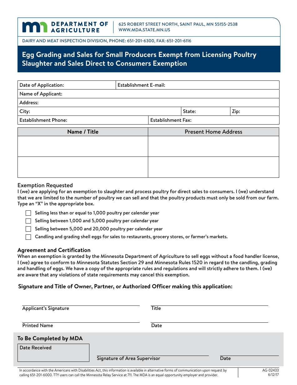 Form AG-02433 Egg Grading and Sales for Small Producers Exempt From Licensing Poultry Slaughter and Sales Direct to Consumers Exemption - Minnesota, Page 1