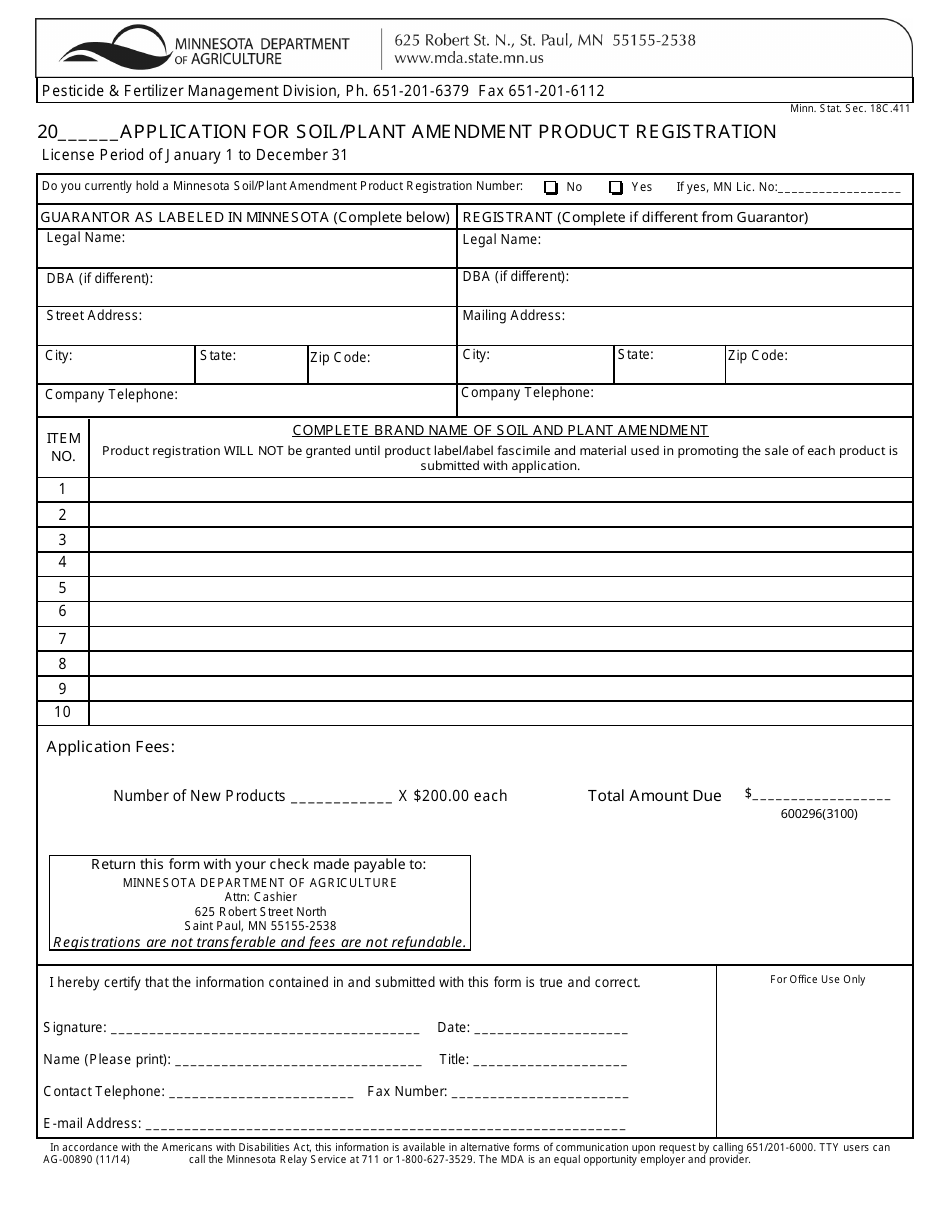 Form AG-00890 Application for Soil / Plant Amendment Product Registration - Minnesota, Page 1