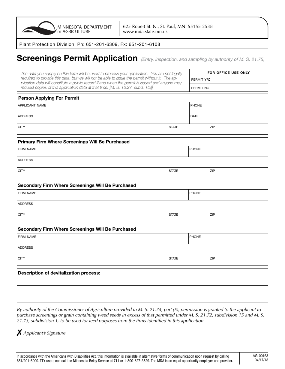 Form AG-00163 Screenings Permit Application - Minnesota, Page 1