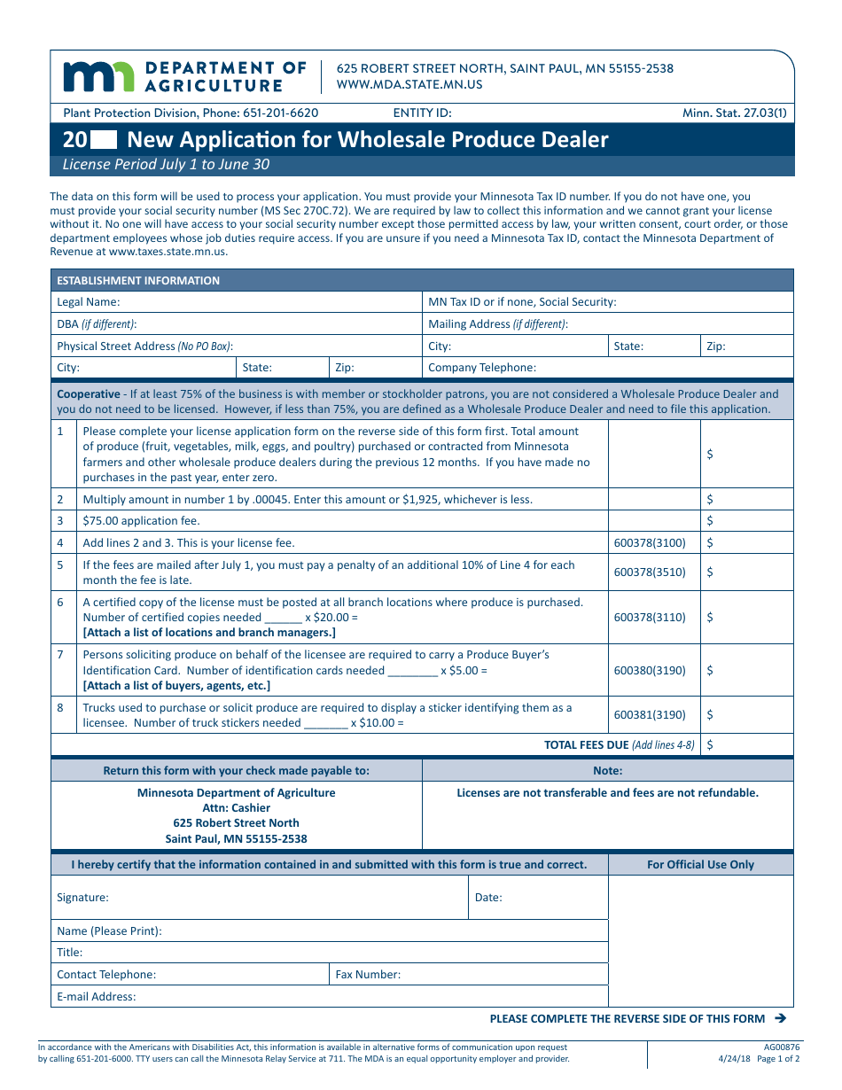 Form AG00876 Application for Wholesale Produce Dealer - Minnesota, Page 1