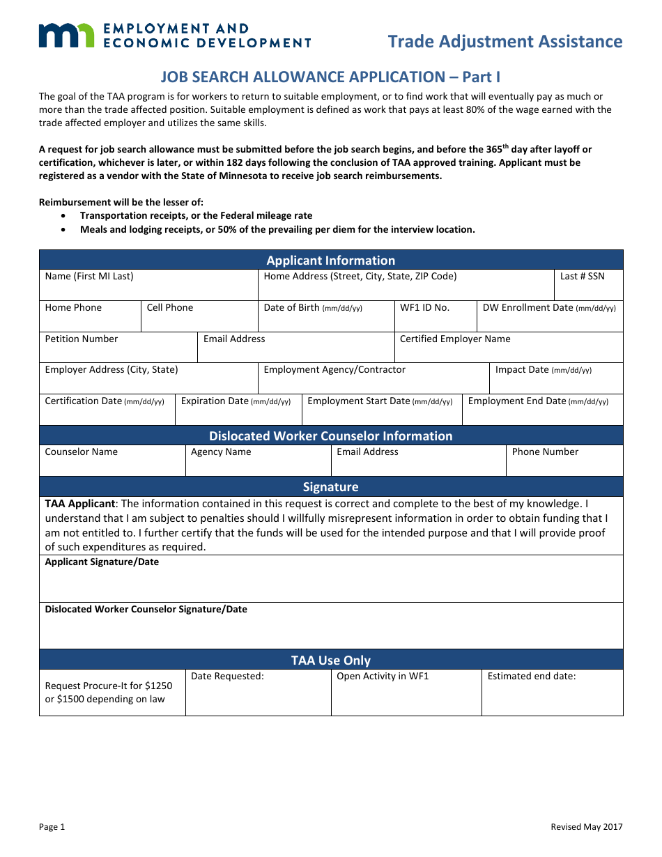 Minnesota Job Search Allowance Application Form Trade Adjustment