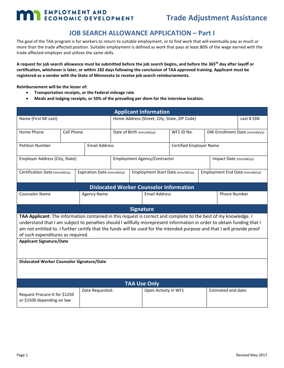 Job Search Allowance Application Form - Trade Adjustment Assistance - Minnesota, Page 1