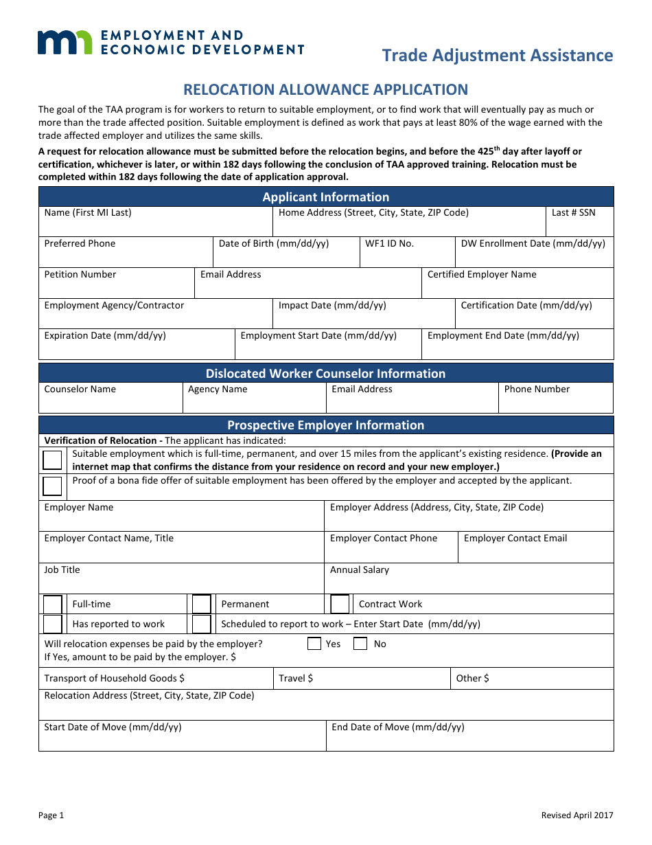 Relocation Allowance Application Form - Trade Adjustment Assistance - Minnesota, Page 1
