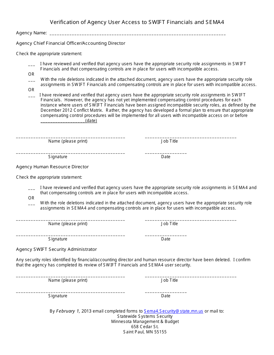 Verification of Agency User Access to Swift Financials and Sema4 - Minnesota, Page 1