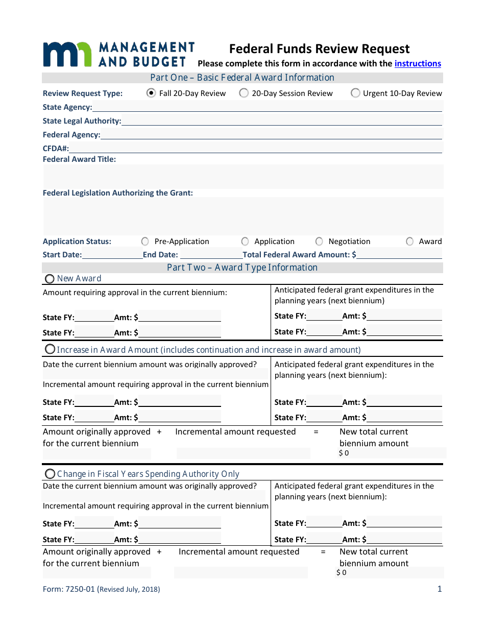 Form 7250-01 Federal Funds Review Request - Minnesota, Page 1