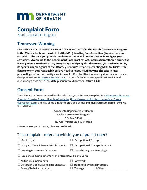 Complaint Form - Health Occupations Program - Minnesota
