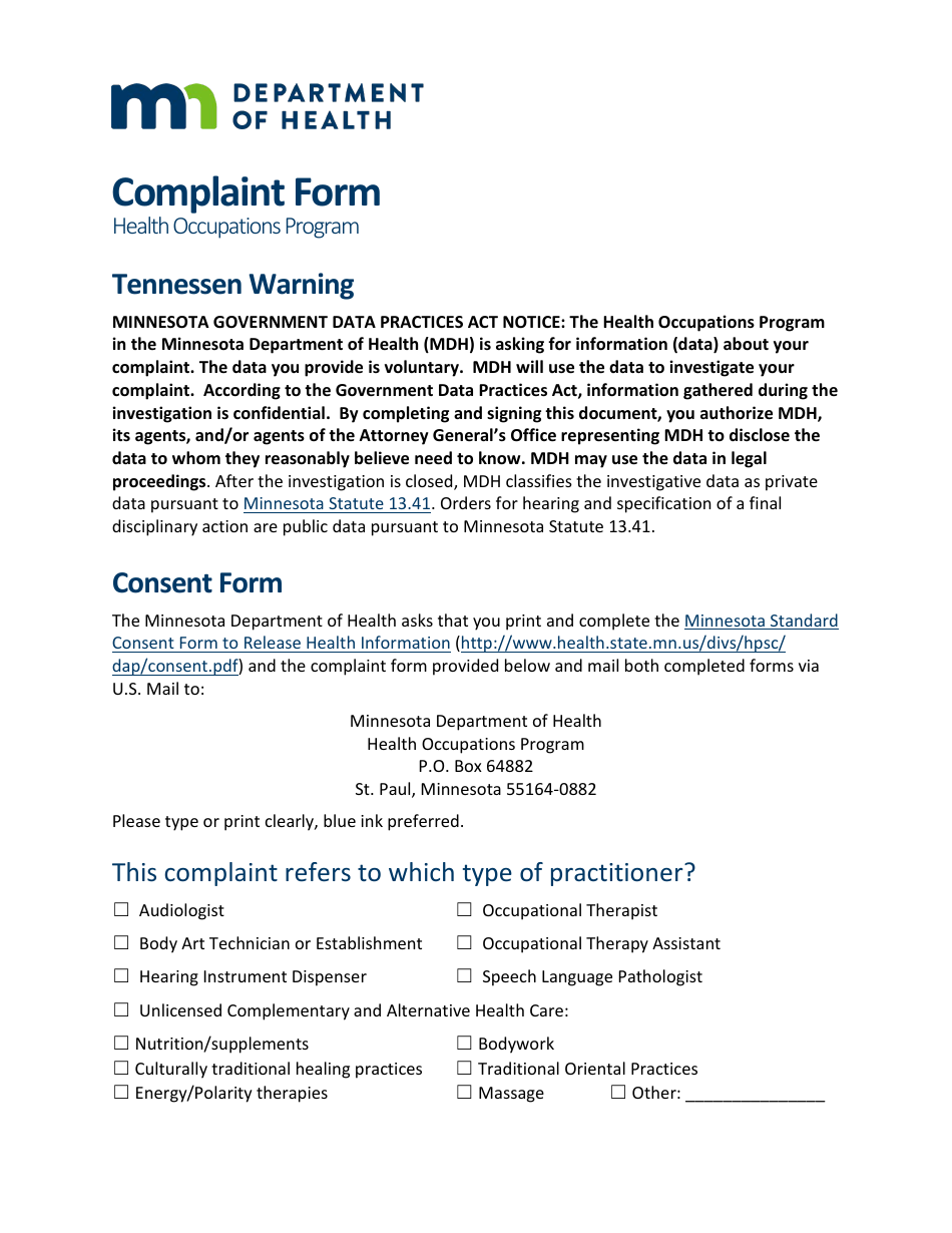 Complaint Form - Health Occupations Program - Minnesota, Page 1