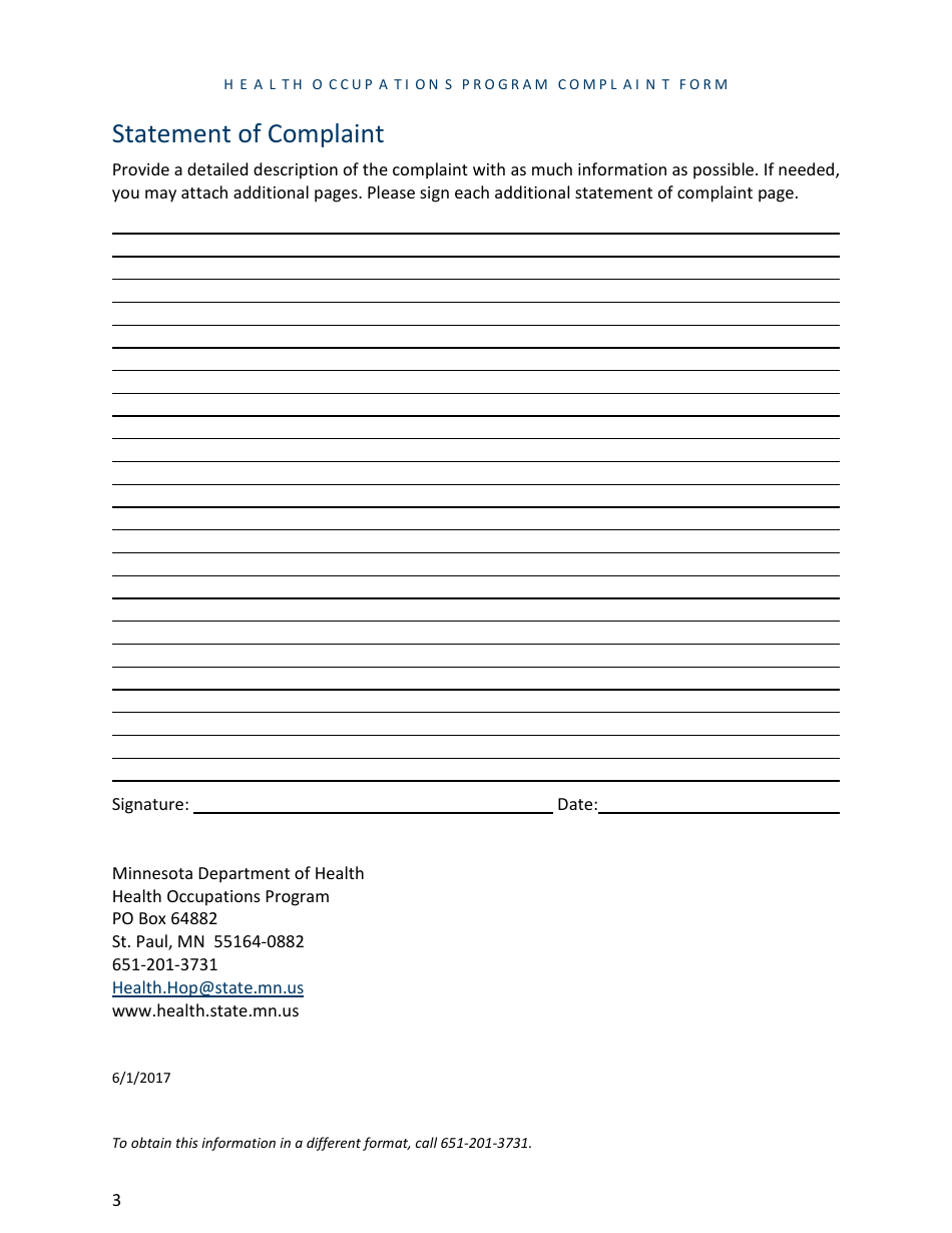 Complaint Form - Health Occupations Program - Minnesota, Page 3