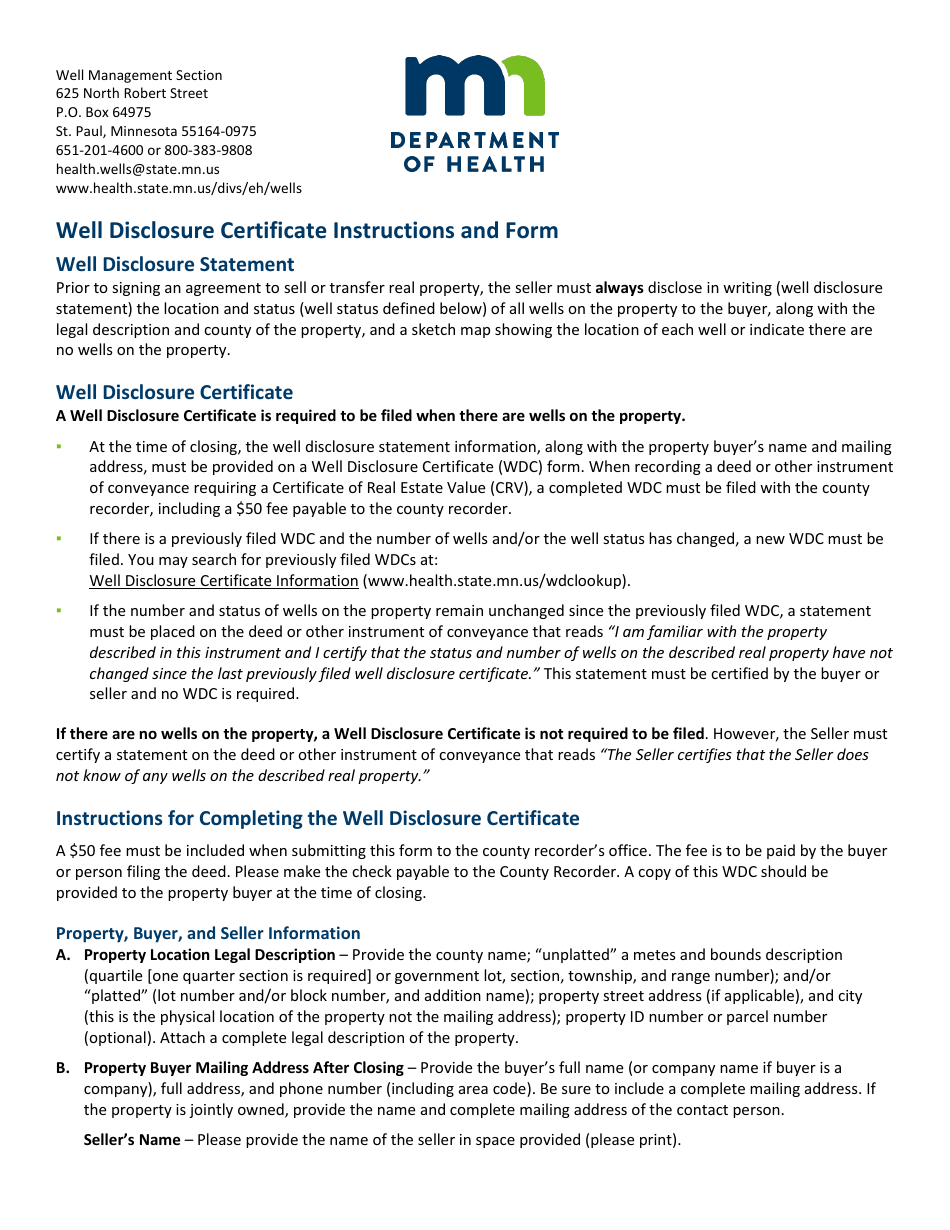 Minnesota Well Disclosure Certificate Form Fill Out Sign Online And