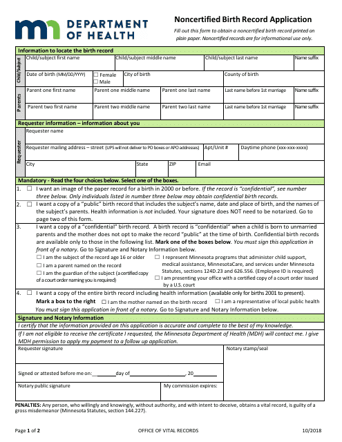 Noncertified Birth Record Application Form - Minnesota