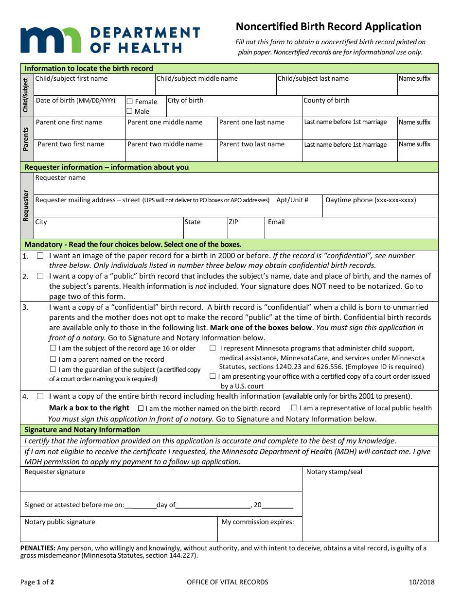 Noncertified Birth Record Application Form - Minnesota, Page 1