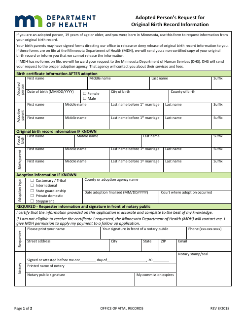 Adopted Person's Request for Original Birth Record Information - Minnesota Download Pdf