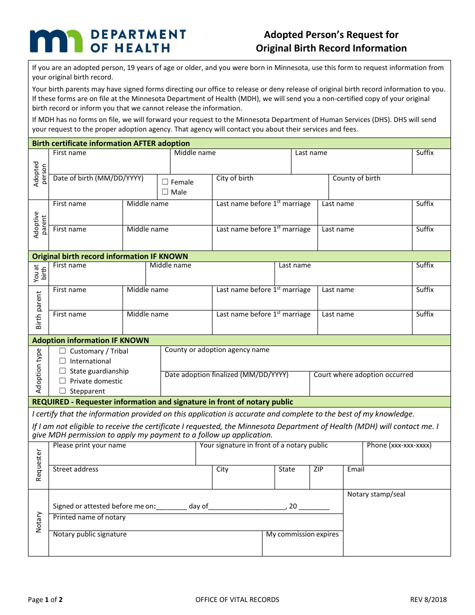 Adopted Persons Request for Original Birth Record Information - Minnesota, Page 1