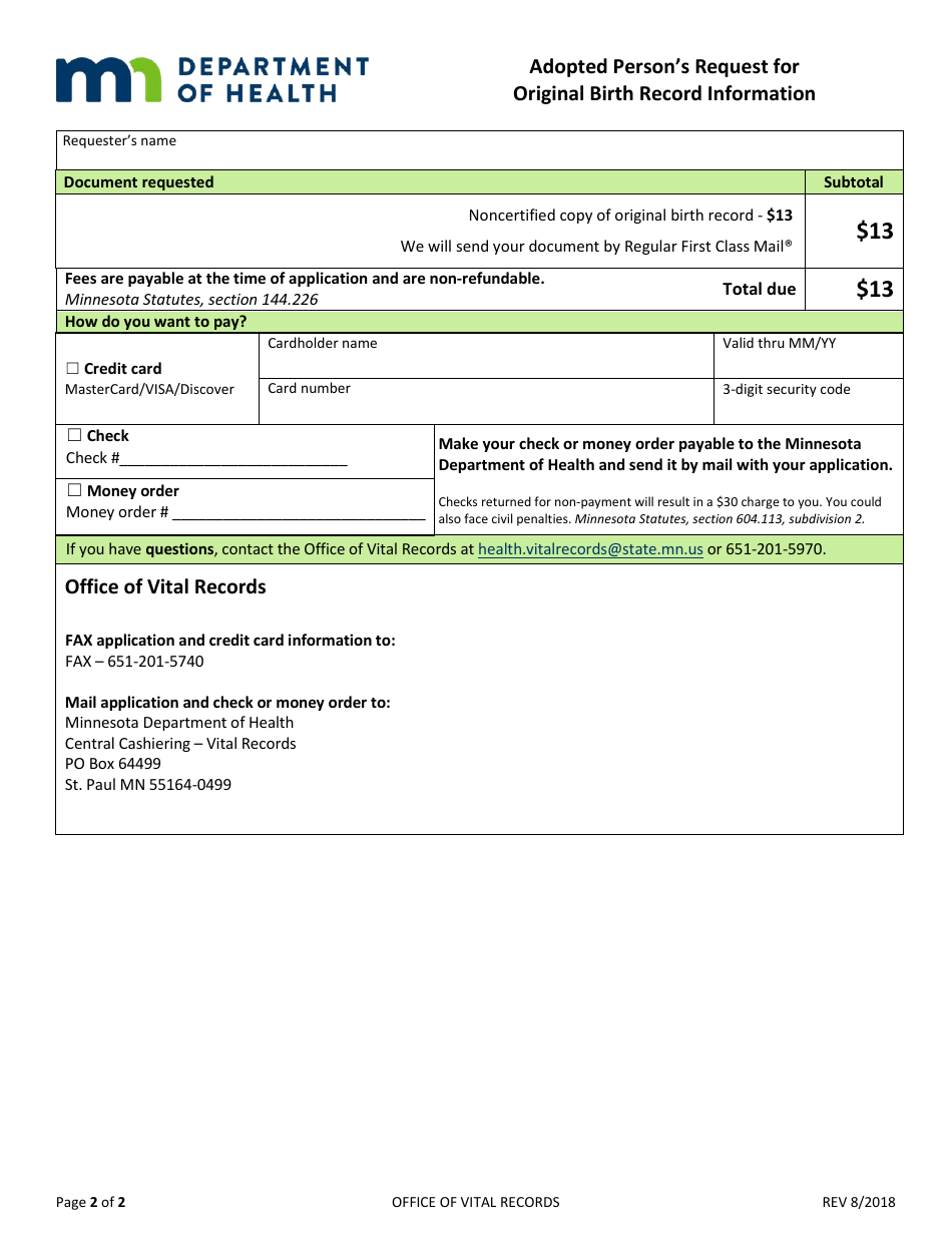 Adopted Persons Request for Original Birth Record Information - Minnesota, Page 2