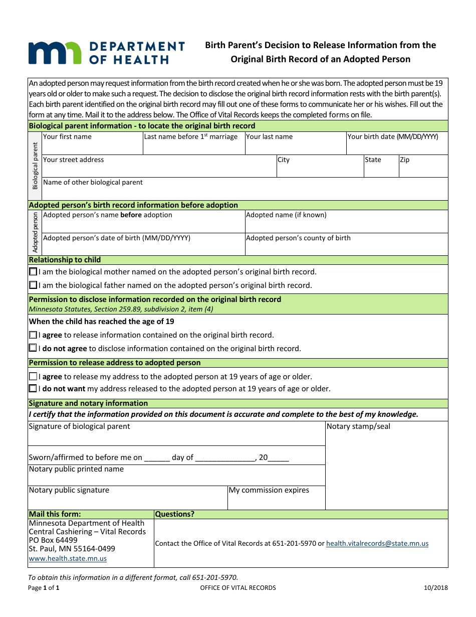 Birth Parents Decision to Release Information From the Original Birth Record of an Adopted Person - Minnesota, Page 1