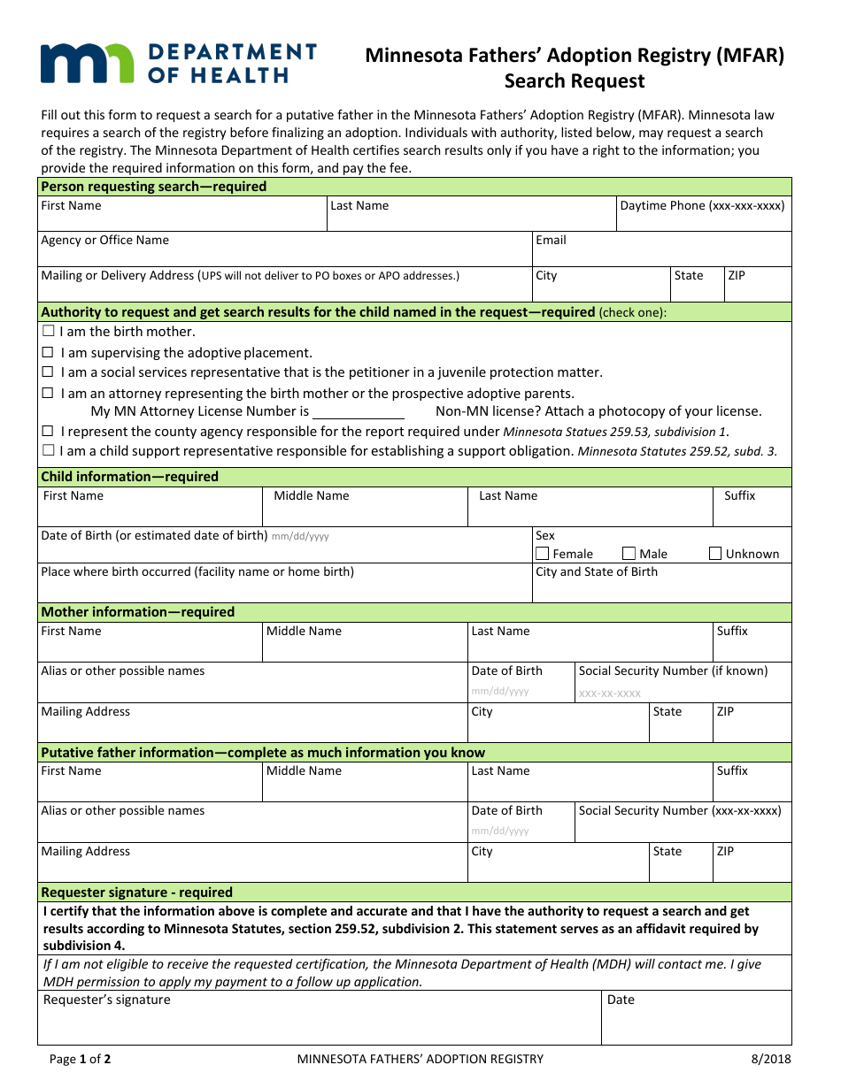 Minnesota Fathers Adoption Registry (Mfar) Search Request - Minnesota, Page 1