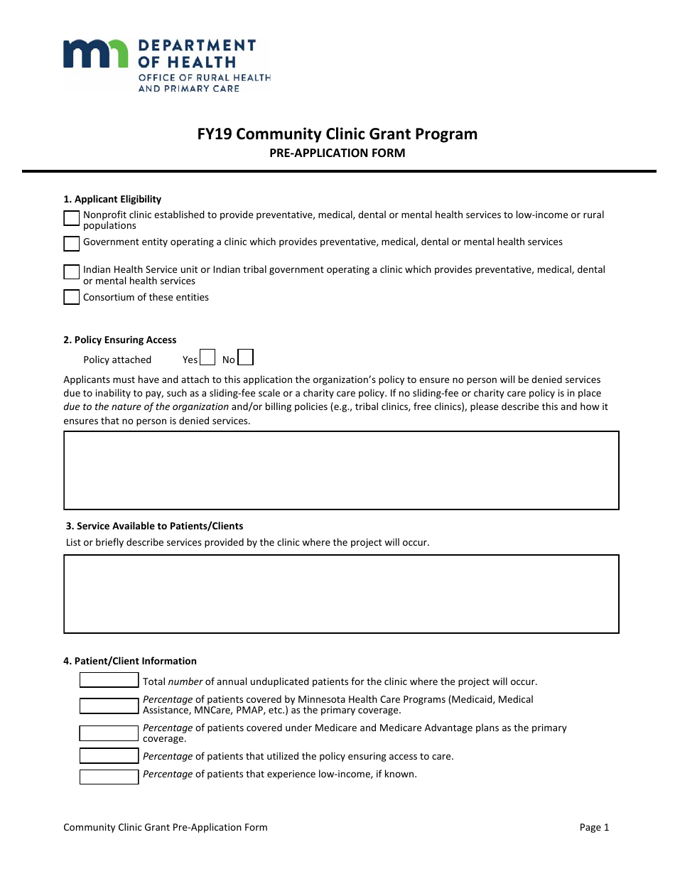 Community Clinic Grant Pre-application Form - Minnesota, Page 1