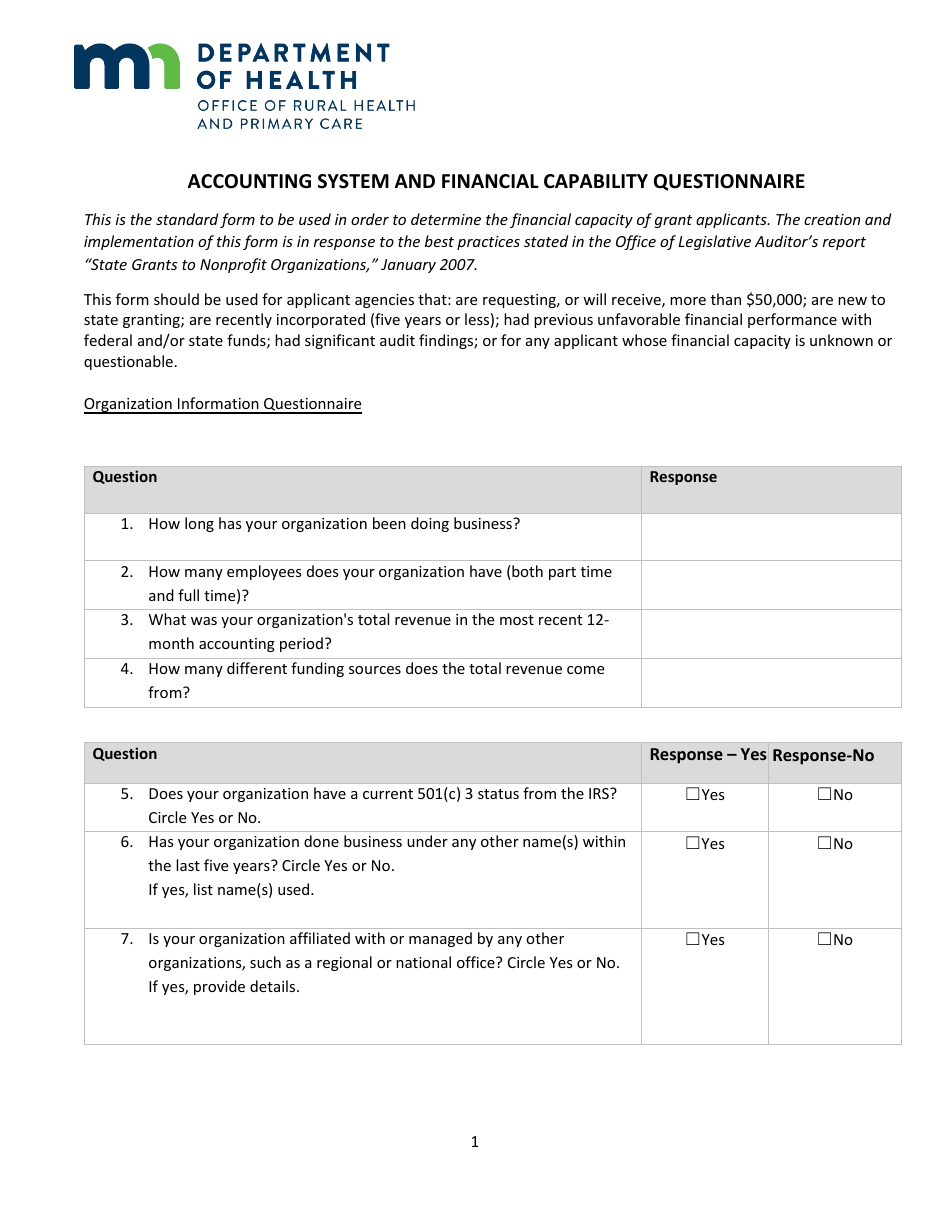 Accounting System and Financial Capability Questionnaire - Minnesota, Page 1