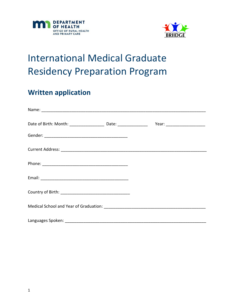 Written Application Form - International Medical Graduate Residency Preparation Program - Minnesota, Page 1