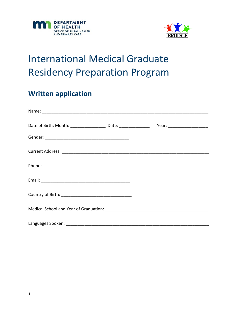 Minnesota Written Application Form International Medical Graduate Residency Preparation