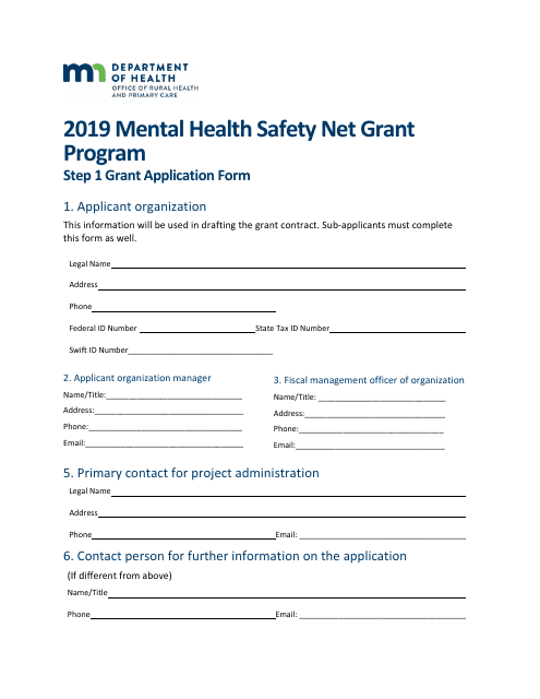 Grant Application Form - Mental Health Safety Net Grant Program - Minnesota, 2019