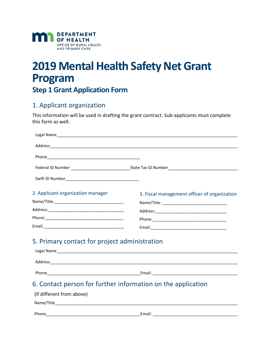 Grant Application Form - Mental Health Safety Net Grant Program - Minnesota, Page 1