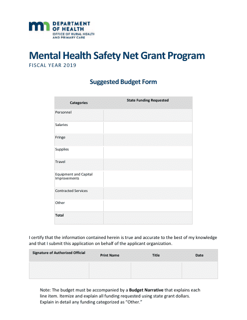 Suggested Budget Form - Mental Health Safety Net Grant Program - Minnesota, 2019