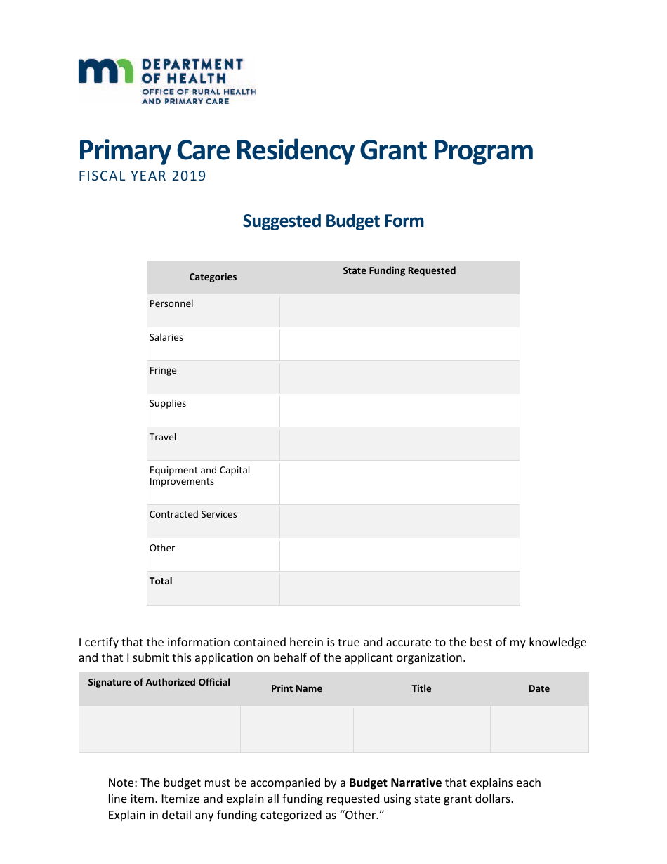 Suggested Budget Form - Primary Care Residency Grant Program - Minnesota, Page 1